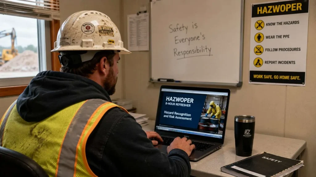 Construction worker in a hard hat and high-visibility vest types on a laptop displaying a HazWoper training slide.